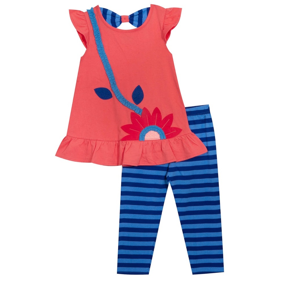 Girl’s Coral Flower Applique Striped Legging Set 4
